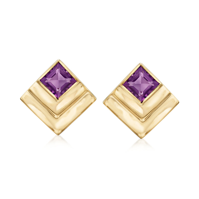 14kt yellow gold geometric amethyst stud earrings with square purple gemstones
