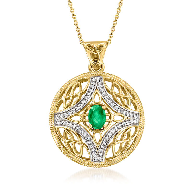 Gold-over-sterling pendant necklace with emerald-cut green stone and white zircon circle
