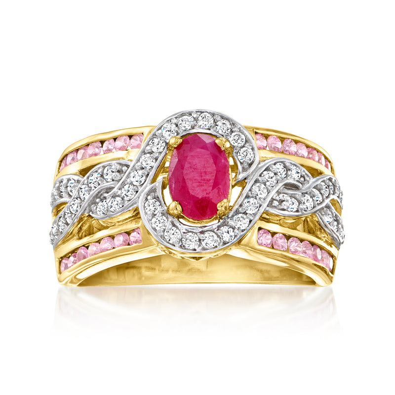 Gold oval ruby-style center ring with white halo stones and pink side accents