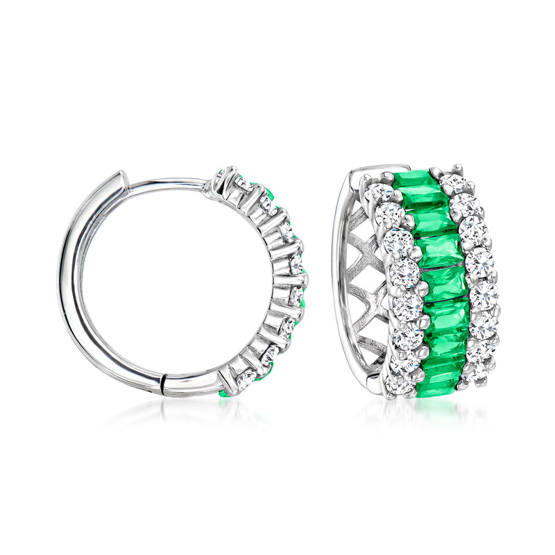 Sterling silver hoop earrings with green simulated stones and clear CZ accents