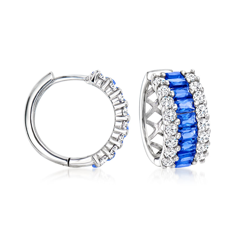 Sterling silver hoop earrings with blue center stone and clear CZ accents
