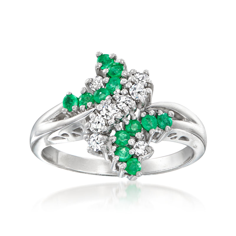 14kt white gold bypass ring with emerald cluster and diamond accents