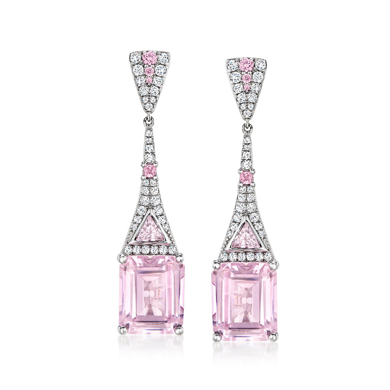 Sterling silver pink CZ drop earrings with triangular top and rectangular pink stones
