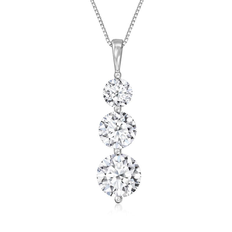 Three-stone diamond pendant necklace in 14kt white gold with round stones, front view