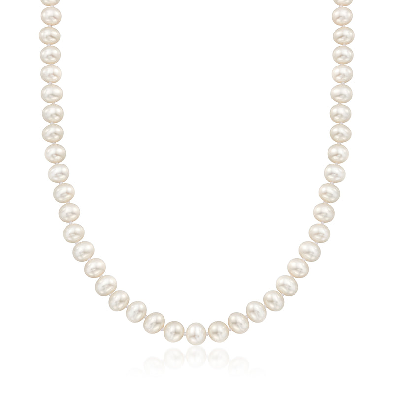 Cultured pearl necklace with round white pearls, evenly spaced along the strand