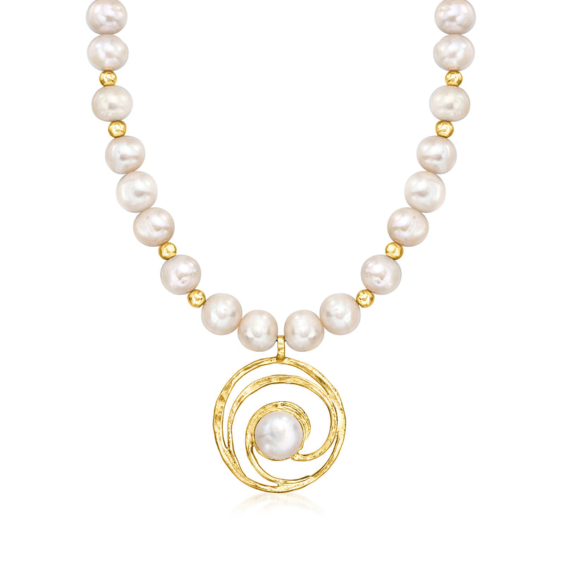 Cultured pearl spiral necklace with gold beads and round layered pendant