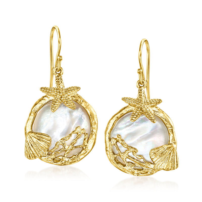 Gold drop earrings with sea life charms and round mother-of-pearl shell discs