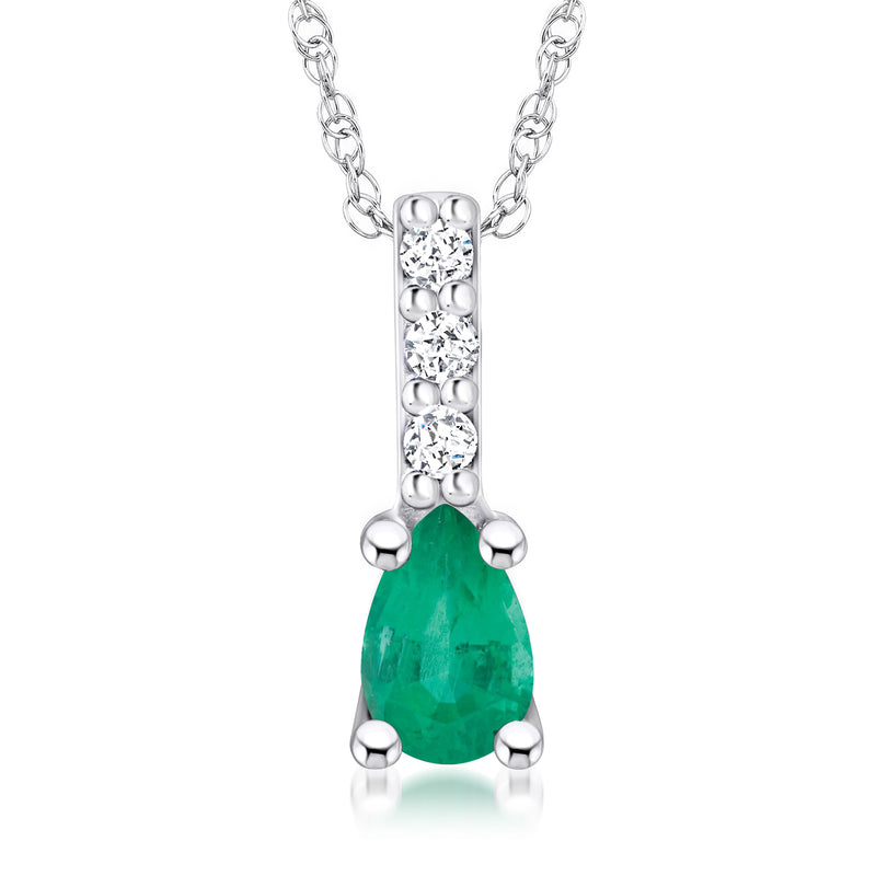 Pear-shaped green gemstone pendant necklace with diamond accents, 14k white gold