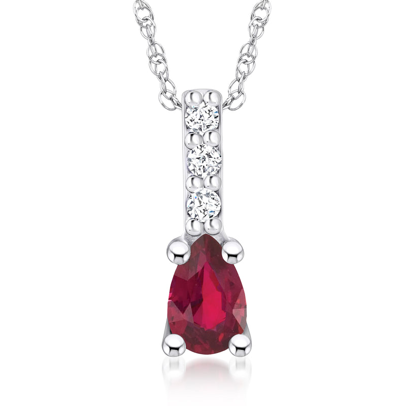 Ruby teardrop pendant necklace with diamond accents in 14kt white gold