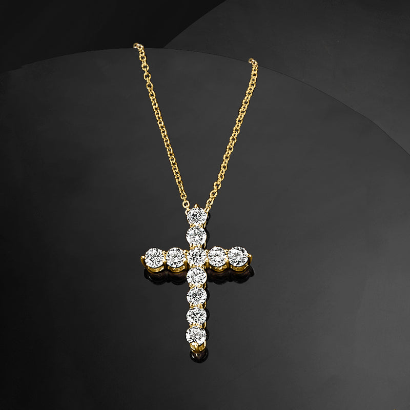 14kt yellow gold diamond cross pendant necklace, full front view on chain