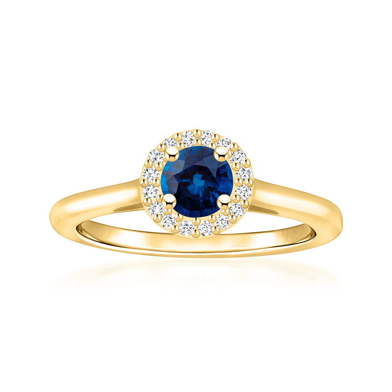 14kt yellow gold sapphire ring with diamond halo