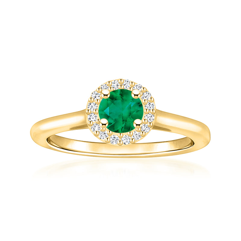 14kt yellow gold green gemstone ring with diamond halo and slim band