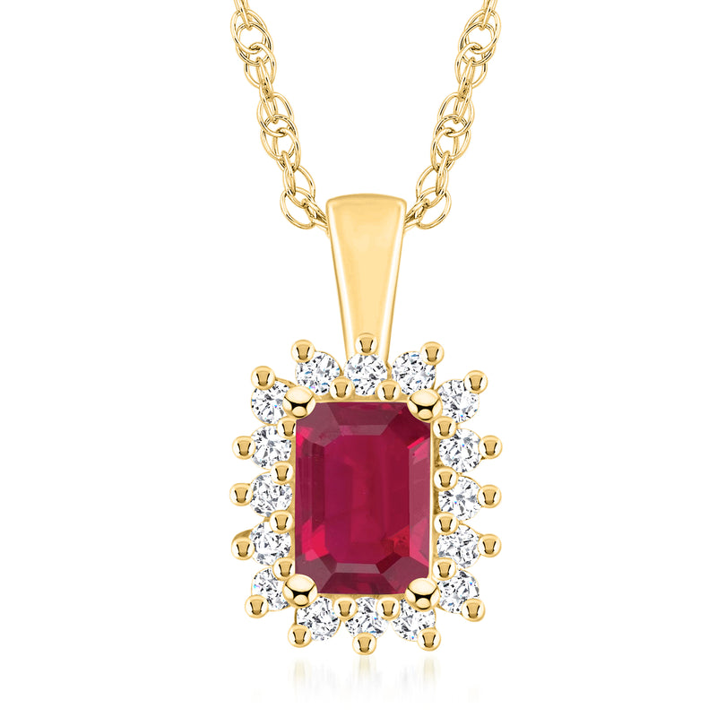 14kt yellow gold pendant necklace with cushion-cut ruby center and diamond halo