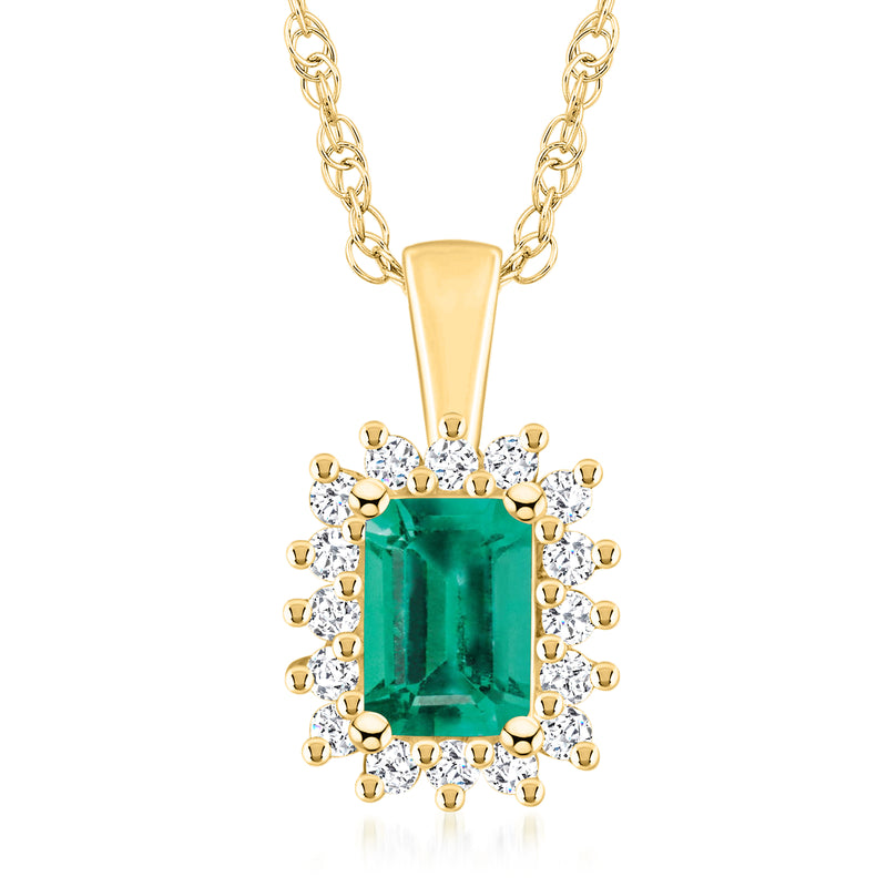 14kt yellow gold pendant necklace with green emerald-cut gemstone and diamond halo.