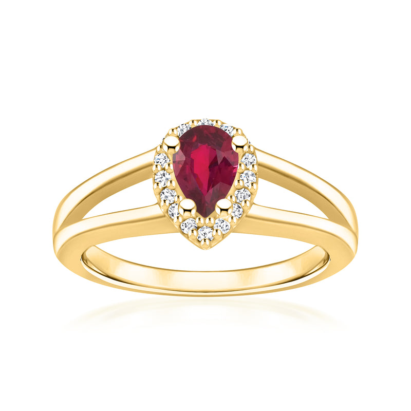14kt yellow gold ring with oval red ruby center and diamond halo