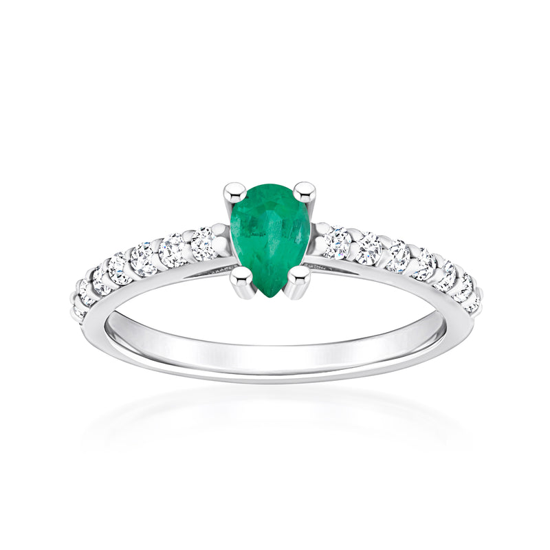 Emerald-cut green gemstone ring in 14kt white gold with diamond accents