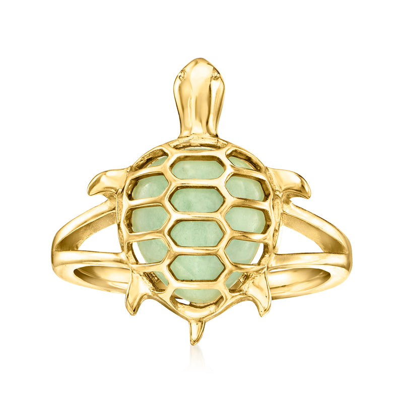 Gold turtle ring with green jade-like enamel shell and openwork bezel