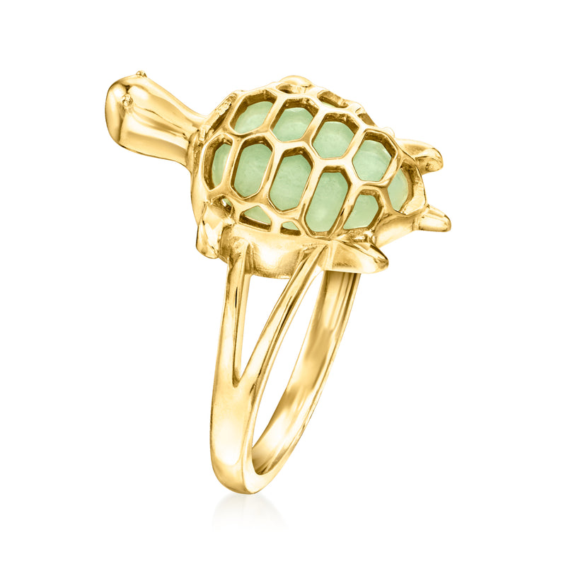 Gold over sterling turtle ring with green enamel shell and curved band