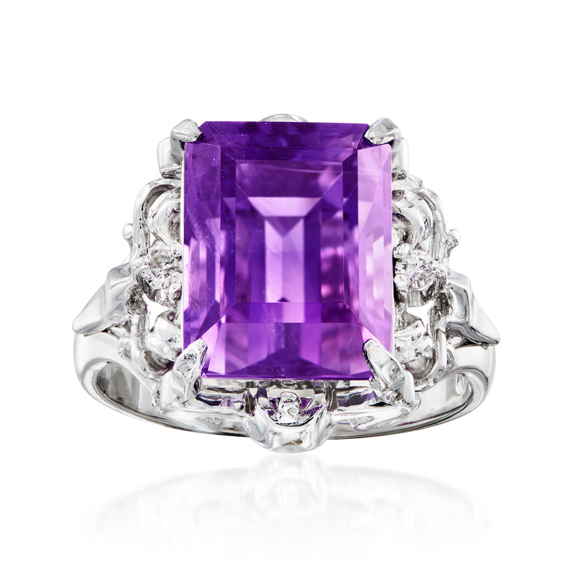 Platinum ring with large square amethyst gemstone and diamond halo-style accents