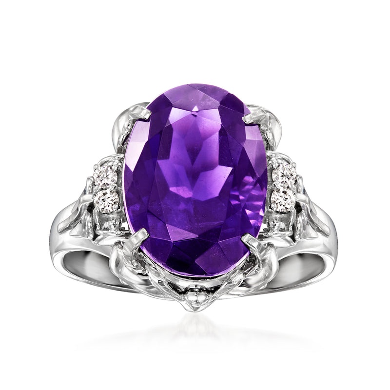 Amethyst oval gemstone ring in platinum with diamond accents and heart-shaped side settings