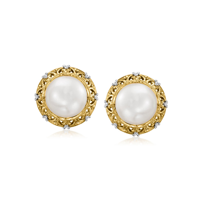 Round cultured pearl post earrings in gold with diamond accents, ornate halo settings