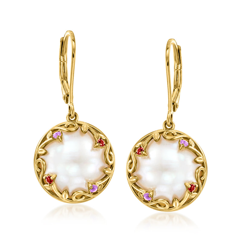 Gold leverback drop earrings with round mabe pearl, purple and red gemstones in filigree