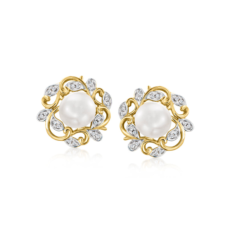 14kt yellow gold pearl and diamond leaf stud earrings with post backs