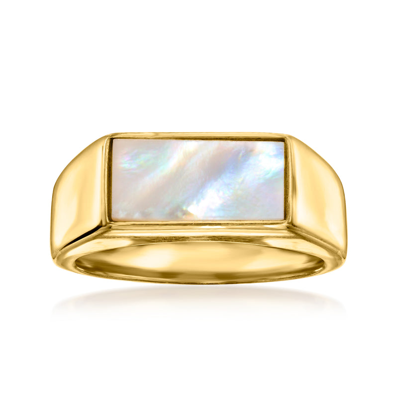 Rectangular mother-of-pearl signet ring in 18kt gold over sterling, gold bezel