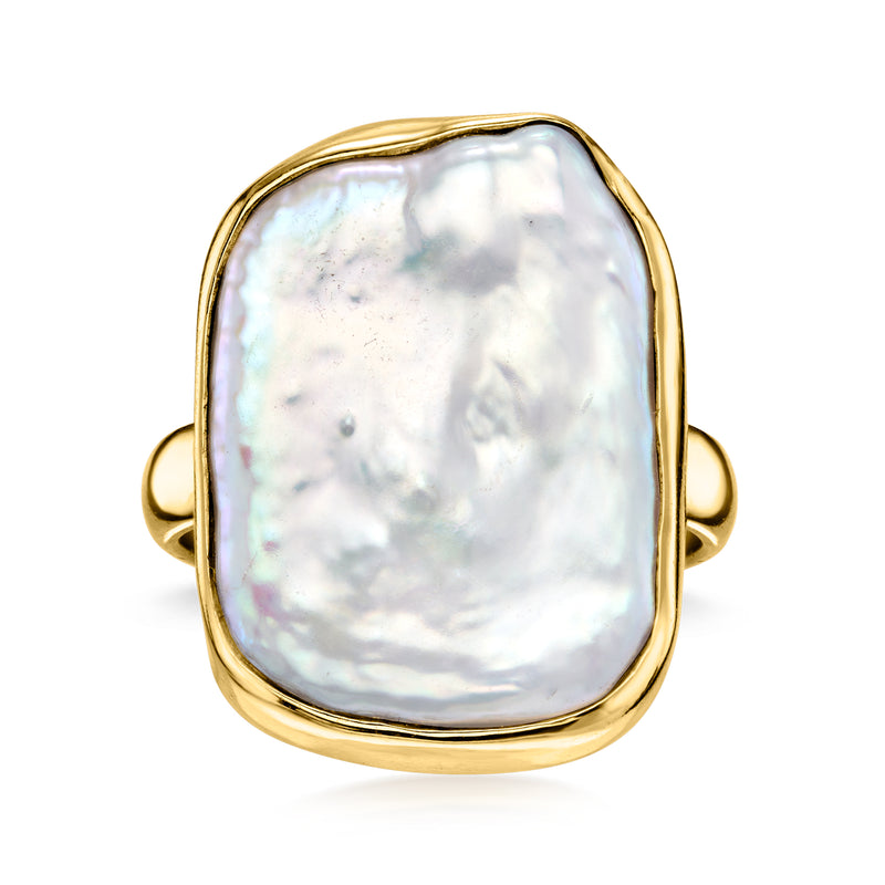 Cultured baroque pearl ring with 18kt gold over sterling bezel, oval white pearl
