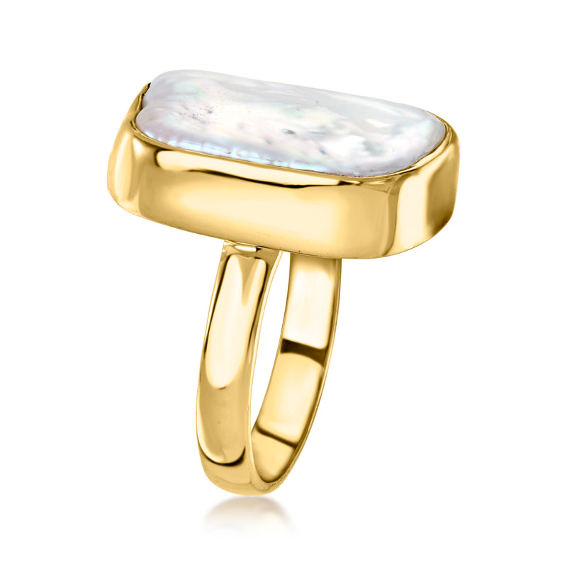 Cultured baroque pearl ring, oval white pearl in gold bezel with wide band