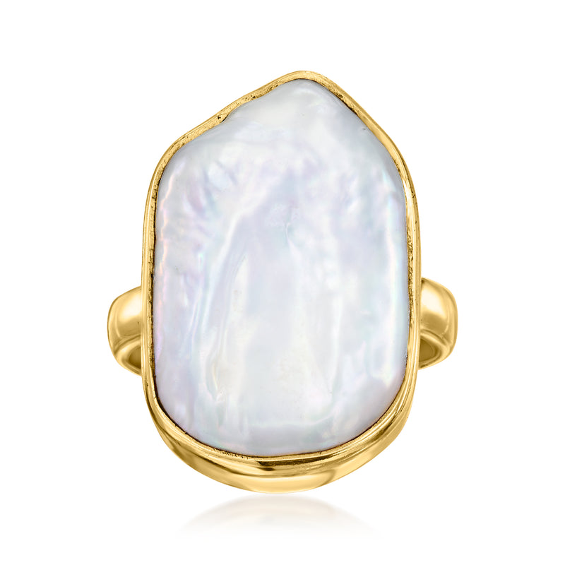 Cultured baroque pearl ring with teardrop-oval white pearl and sculpted gold shoulders