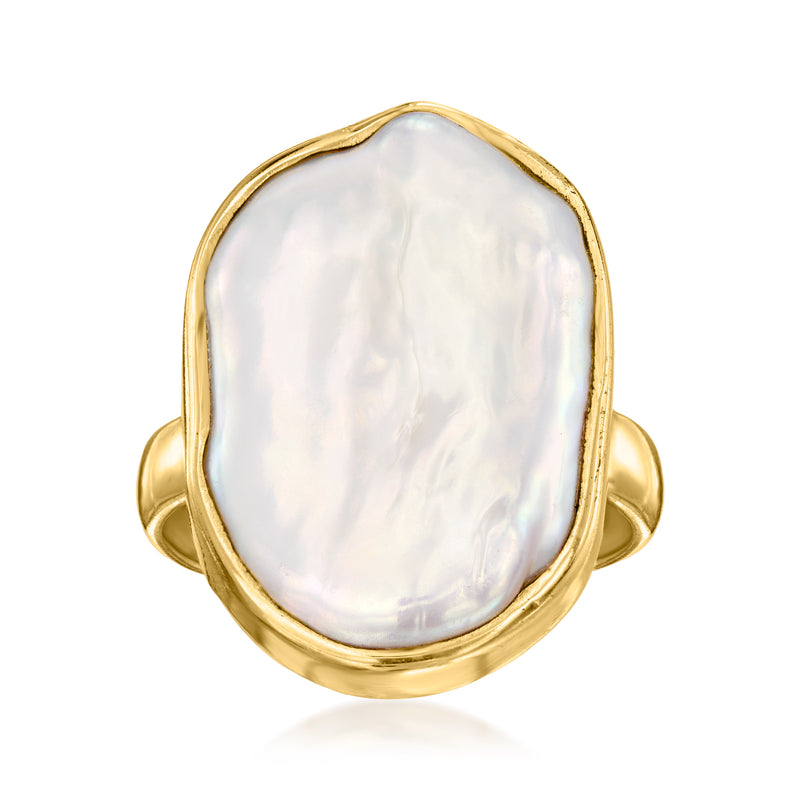 Cultured baroque pearl ring with irregular teardrop-oval white pearl in gold frame