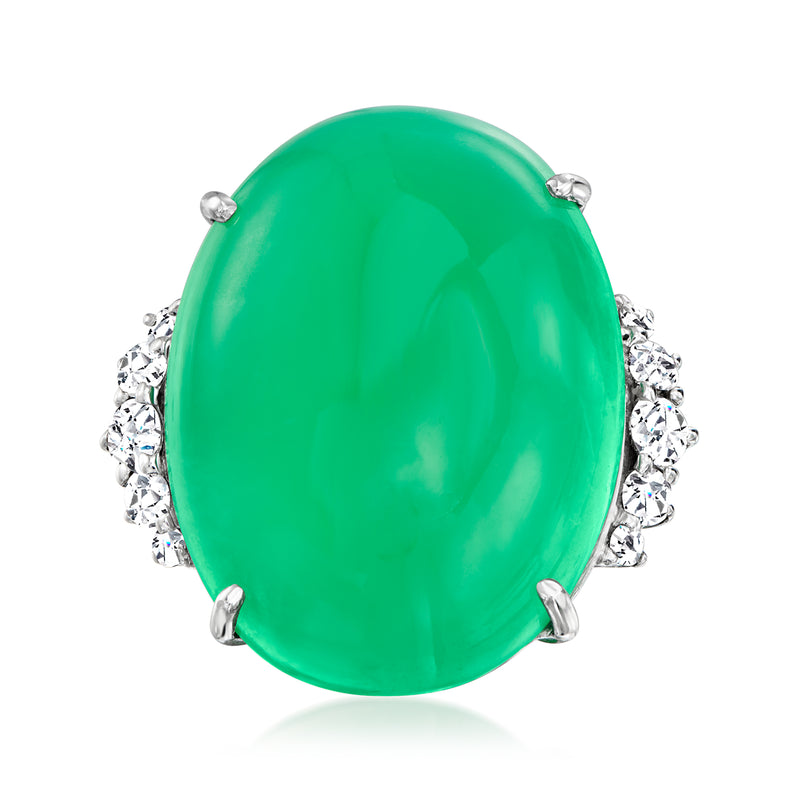 Vintage green chalcedony oval ring with diamond shoulders, platinum setting