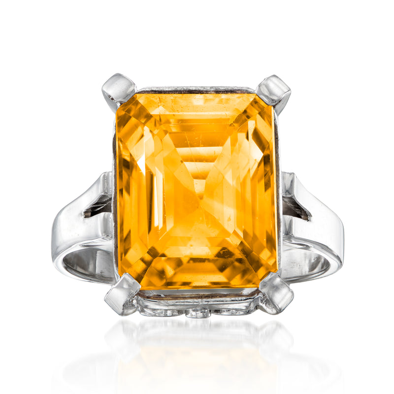 14kt white gold citrine ring with large square-cut gemstone and four corner prongs