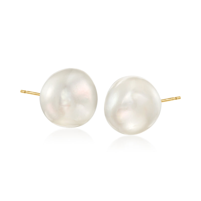 Baroque pearl stud earrings, 14kt yellow gold posts, 13–14mm iridescent pearls