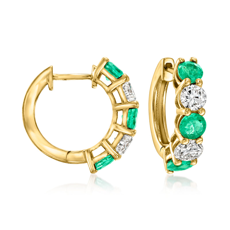 14kt yellow gold hoop earrings with green emerald stones and lab-grown diamond accents