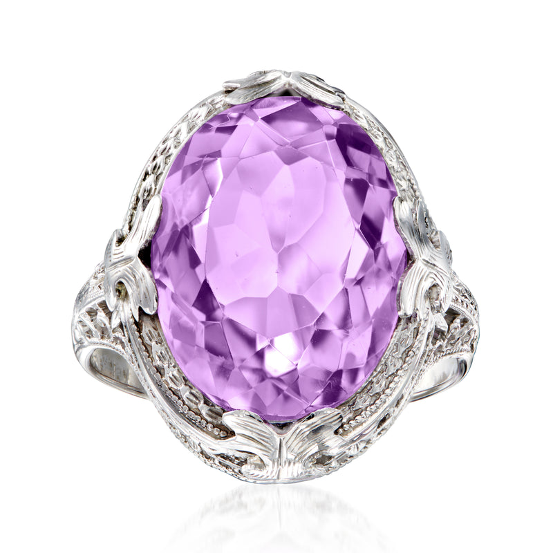 14kt white gold filigree ring with oval purple amethyst gemstone, vintage-style setting