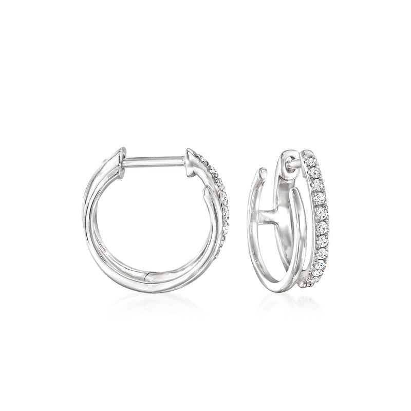Sterling silver dual-hoop diamond earrings with pavé-set stones on one hoop