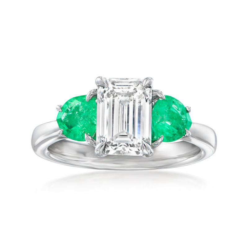 14kt white gold ring with emerald-cut lab diamond center and green emerald side stones