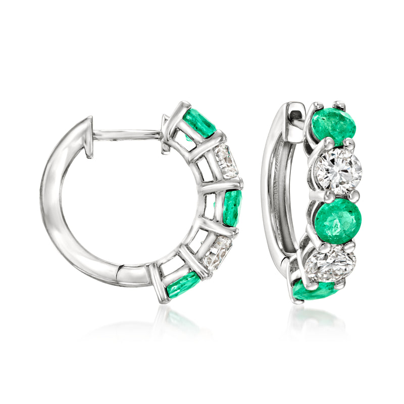 14kt white gold hoop earrings with emerald-green and clear gemstones in bezel settings