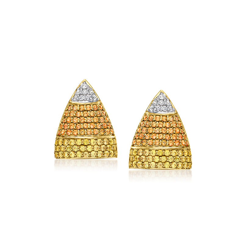 Multicolored candy corn sapphire triangle stud earrings on gold-tone posts