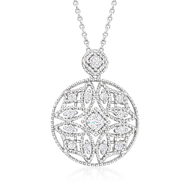 Sterling silver CZ openwork pendant necklace with round heart medallion