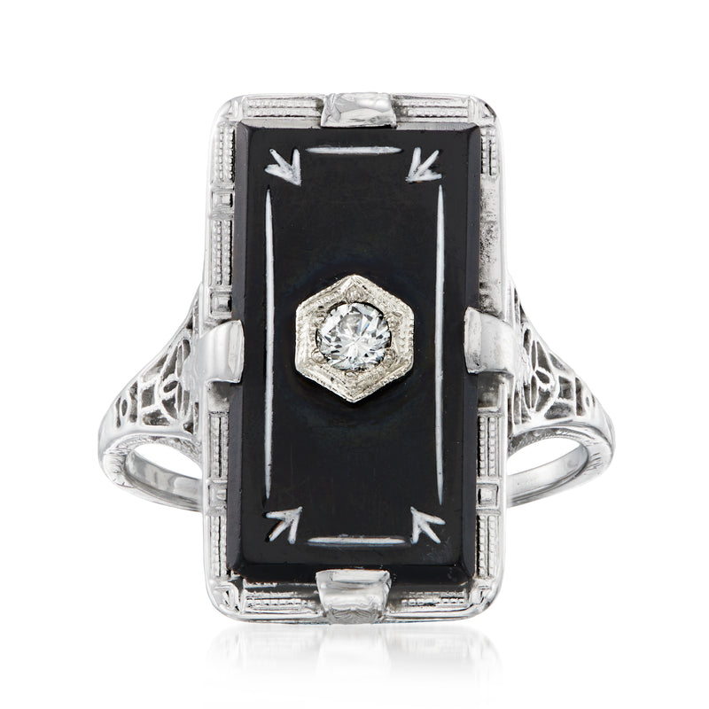 Vintage onyx and diamond ring with square black stone and white gold filigree bezel