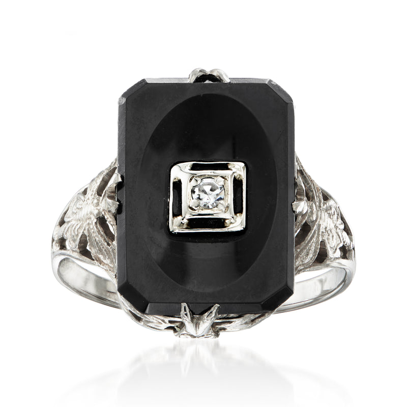 Vintage onyx ring in white gold with octagonal black stone and single square diamond bezel