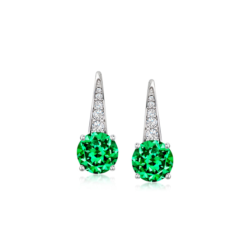 Sterling silver drop earrings with green simulated emerald-style center stones and CZ halos