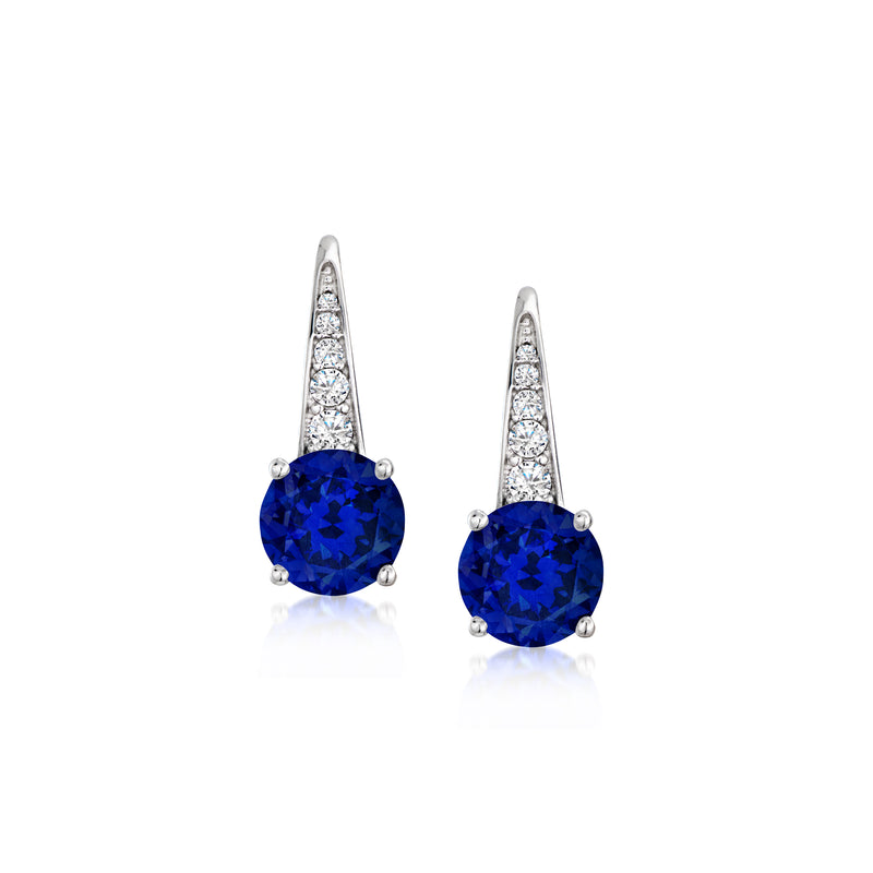 Sterling silver leverback drop earrings with round blue simulated sapphire and CZ halos