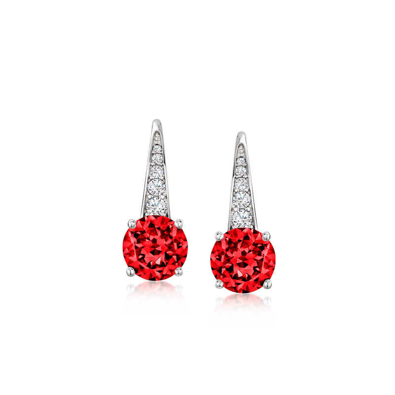 Sterling silver leverback drop earrings with round red simulated ruby and CZ accents