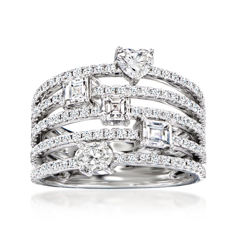 18kt white gold multi-row diamond ring with large center diamond and pave bands