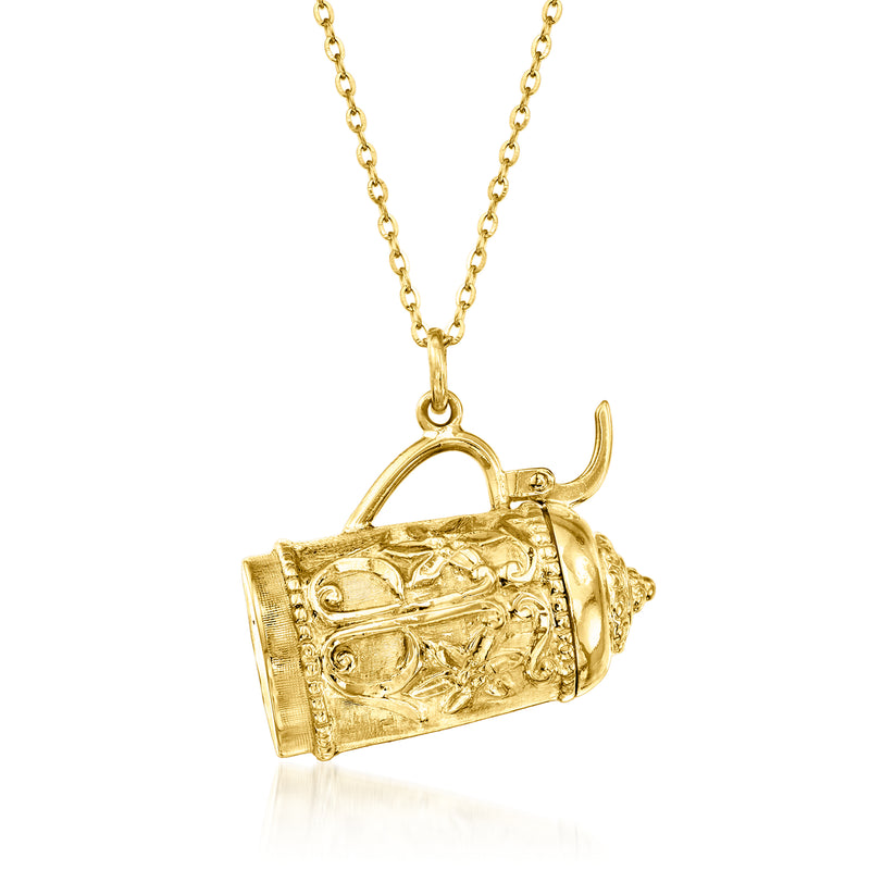 Yellow gold beer stein pendant necklace with link chain