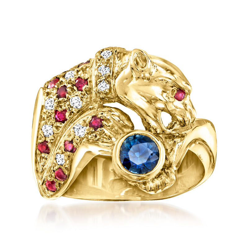 Vintage panther ring in 18k yellow gold with blue sapphire, red rubies, white diamonds